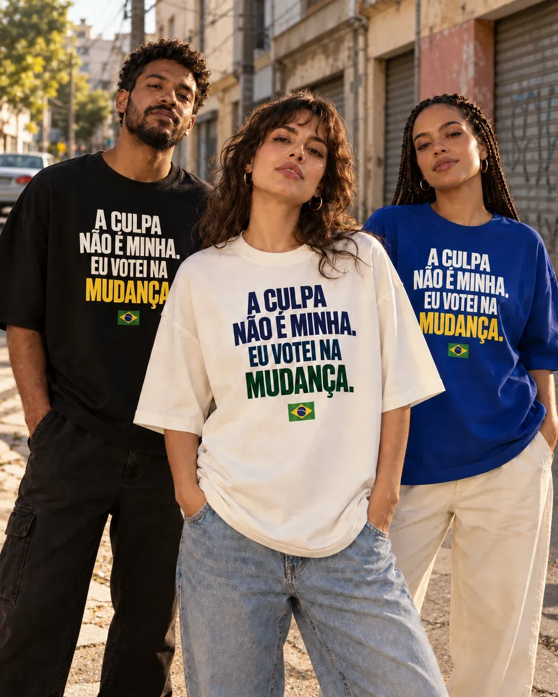 Três pessoas numa rua brasileira vestindo as camisetas preta, branca e azul com a frase A culpa não é minha. Eu votei na mudança.